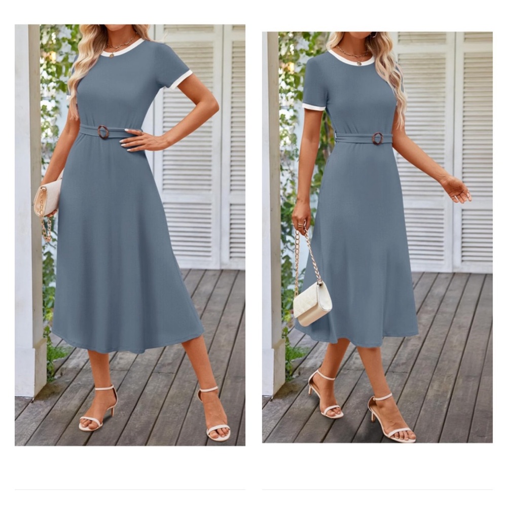 Short Sleeve Crewneck Color Block Belted Casual A Line Swing Dress with Pockets
